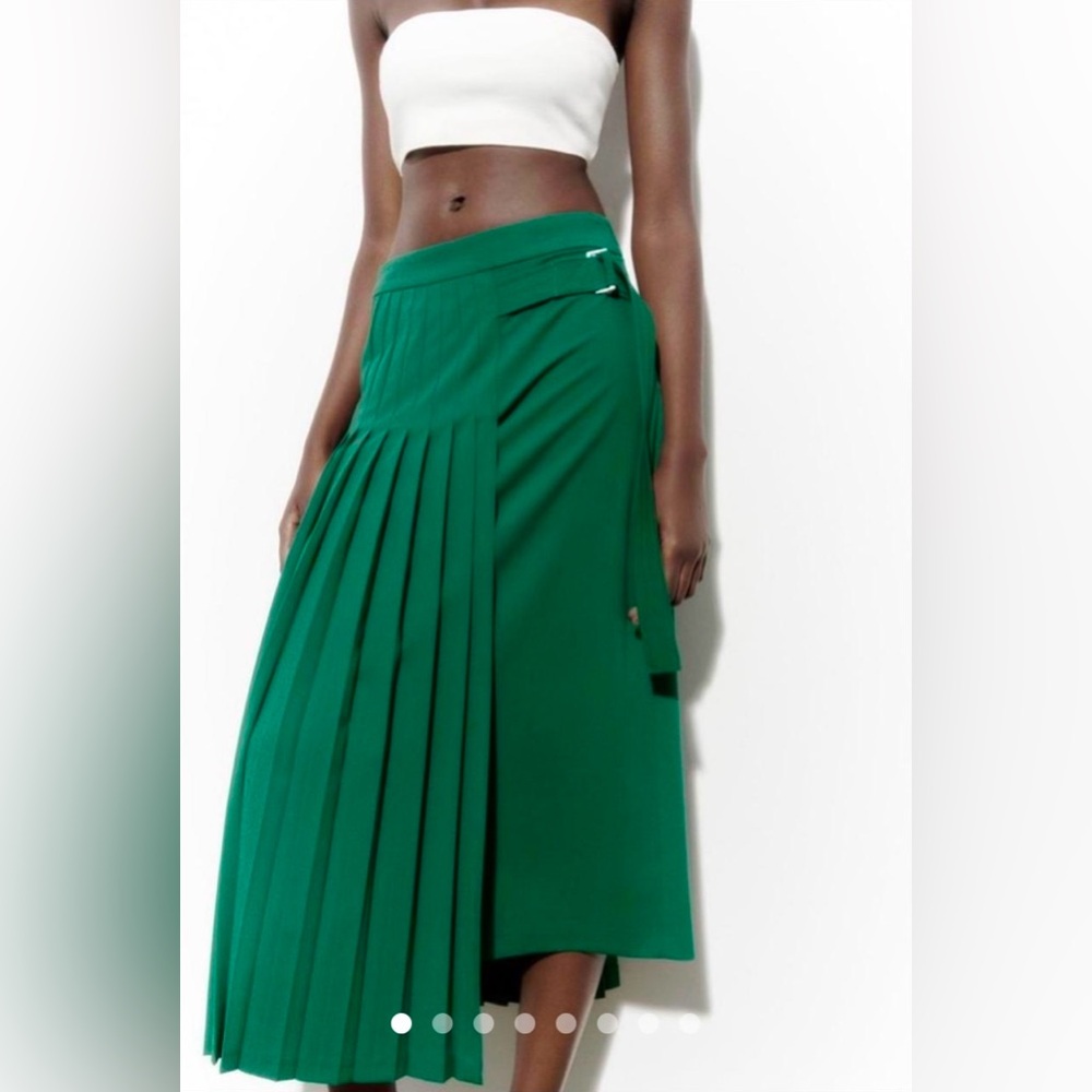Zara Green Asymmetrical Pleated Midi Skirt
